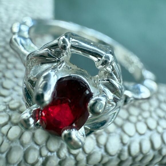 Silver Tone Ring with Bright Red Center Stone & Unique Textured Band - Picture 11 of 16